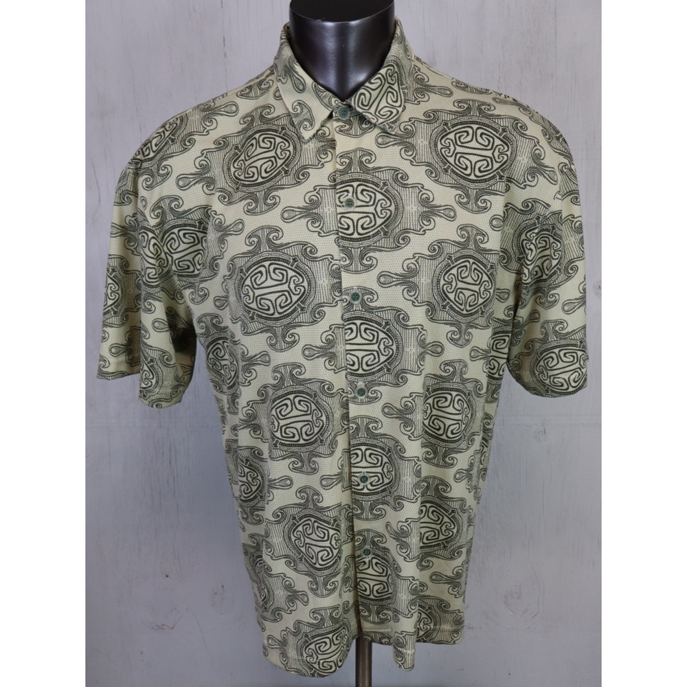 Vintage No Fear Mens Shirt Size L Green Geometric Short Sleeve 90s Y2K Polyester